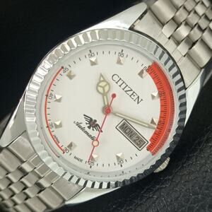 Vintage 1981 Citizen Automatic Mens Silver Watch W/daydate & Red accents